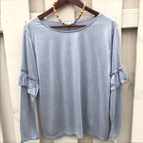 She and Sky Tops - Women’s Blue/Grey Top with Ruffle Detail.